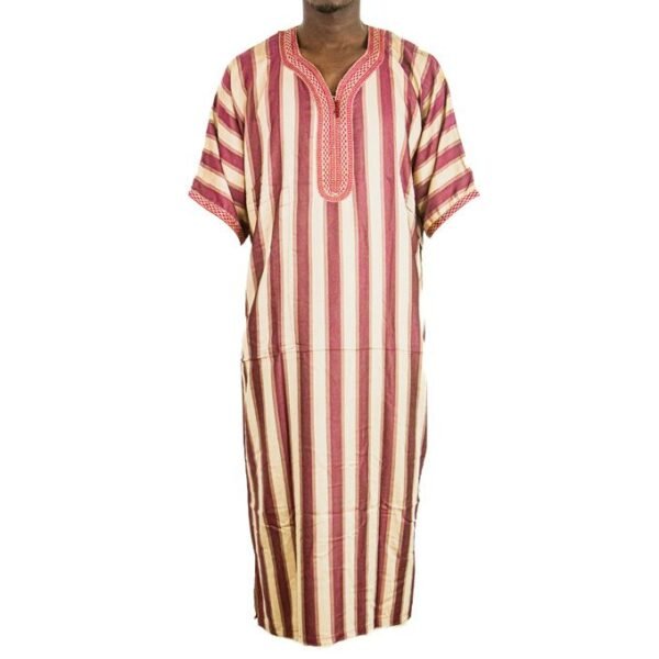 Djellaba Marocaine A Manches Courtes A Rayure Bordeaux - Beige
