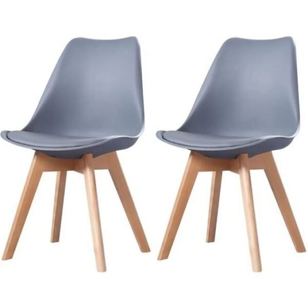 Lot de 2 Chaises Style Scandinave MALMÖ - Pieds Bois Massif en Hêtre - Assise Rembourrée en Simili Cuir Gris